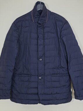Massimo Dutti Down Blazer Jacket Mens M Navy LS Quilted Wind Waterproof Packable